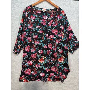 Fig & Flower Womens‎ Tunic 2X Black Floral  Top 3/4 Sleeves